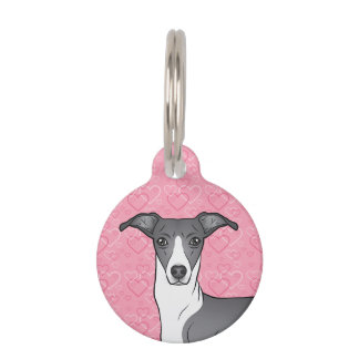 Blue And White Italian Greyhound Head Pink Hearts Pet ID Tag