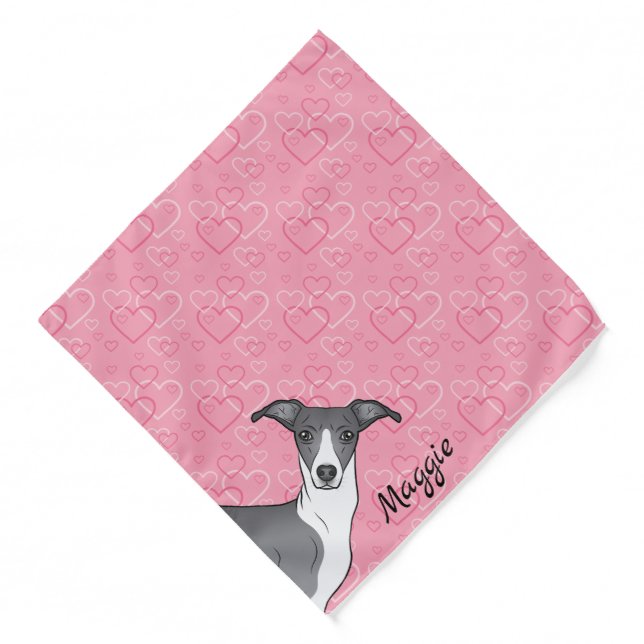 Blue And White Italian Greyhound On Pink Hearts Bandana (Front)