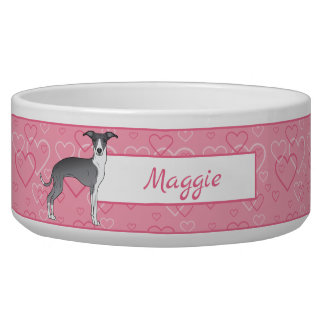 Blue And White Italian Greyhound On Pink Hearts Bowl