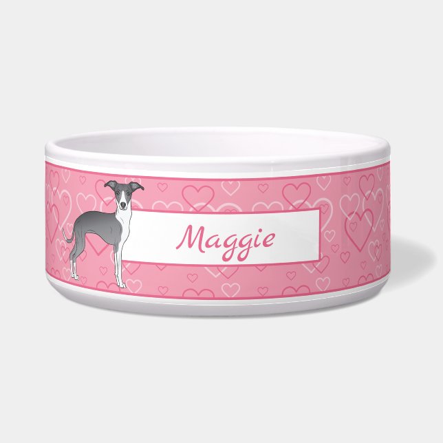 Blue And White Italian Greyhound On Pink Hearts Bowl (Front)