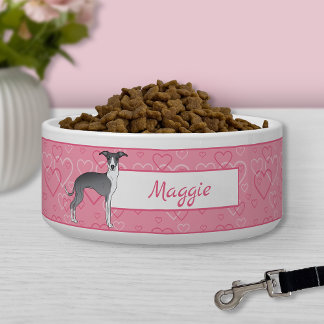 Blue And White Italian Greyhound On Pink Hearts Bowl