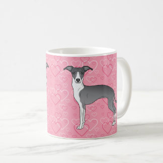 Blue And White Italian Greyhound On Pink Hearts Coffee Mug