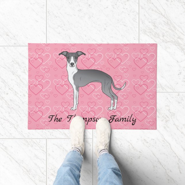 Blue And White Italian Greyhound On Pink Hearts Doormat (Indoor)