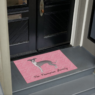 Blue And White Italian Greyhound On Pink Hearts Doormat