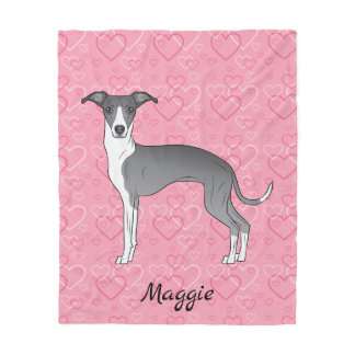Blue And White Italian Greyhound On Pink Hearts Fleece Blanket