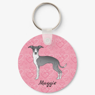 Blue And White Italian Greyhound On Pink Hearts Keychain