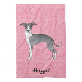 Blue And White Italian Greyhound On Pink Hearts Kitchen Towel