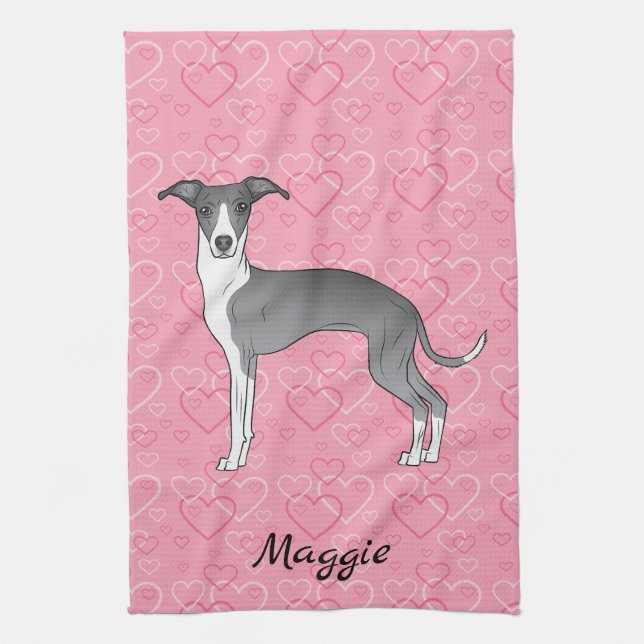 Blue And White Italian Greyhound On Pink Hearts Kitchen Towel (Vertical)