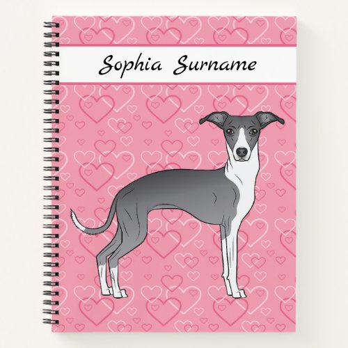 Blue And White Italian Greyhound On Pink Hearts Notebook