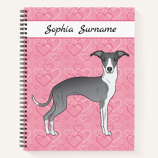 Blue And White Italian Greyhound On Pink Hearts Notebook (Front)