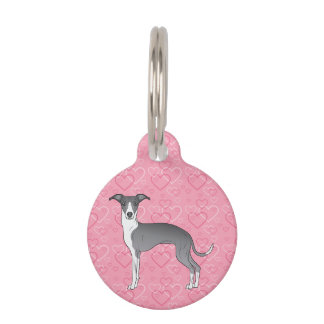 Blue And White Italian Greyhound On Pink Hearts Pet ID Tag