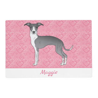 Blue And White Italian Greyhound On Pink Hearts Placemat