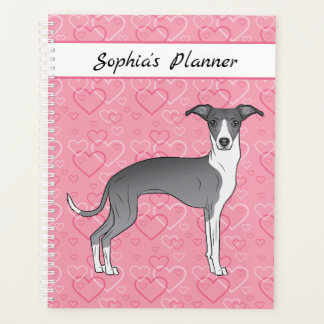 Blue And White Italian Greyhound On Pink Hearts Planner