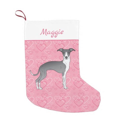Blue And White Italian Greyhound On Pink Hearts Small Christmas Stocking