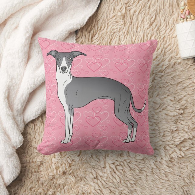 Blue And White Italian Greyhound On Pink Hearts Throw Pillow (Blanket)