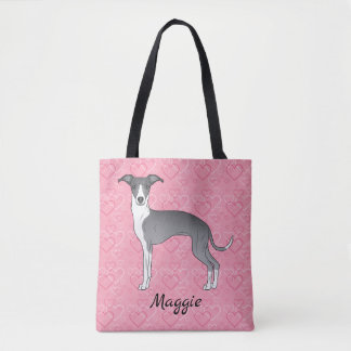 Blue And White Italian Greyhound On Pink Hearts Tote Bag