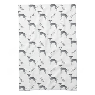 Blue And White Italian Greyhound Pattern With Name Kitchen Towel