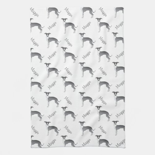 Blue And White Italian Greyhound Pattern With Name Kitchen Towel