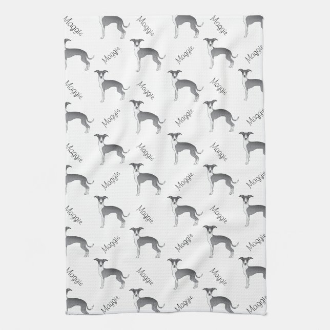 Blue And White Italian Greyhound Pattern With Name Kitchen Towel (Vertical)