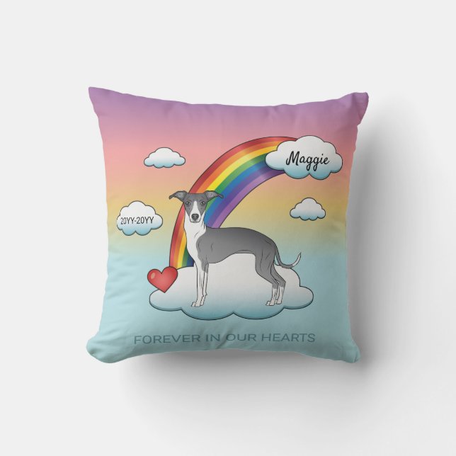 Blue And White Italian Greyhound Rainbow Memorial Throw Pillow (Front)
