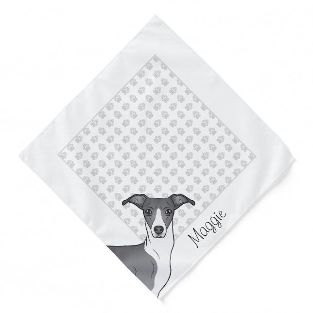Blue And White Italian Greyhound With Custom Name Bandana (Front)
