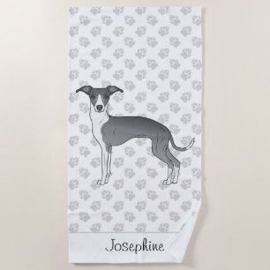 Blue And White Italian Greyhound With Custom Name Beach Towel