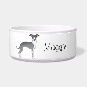 Blue And White Italian Greyhound With Custom Name Bowl