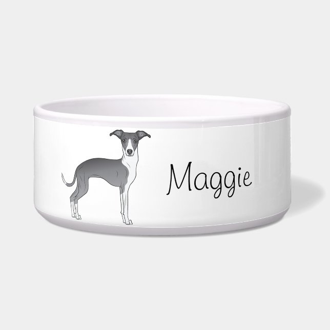 Blue And White Italian Greyhound With Custom Name Bowl (Front)