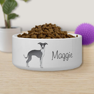 Blue And White Italian Greyhound With Custom Name Bowl