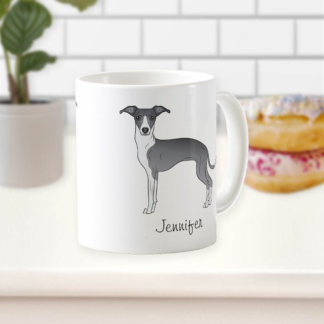 Blue And White Italian Greyhound With Custom Name Coffee Mug (Creator Uploaded)
