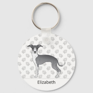 Blue And White Italian Greyhound With Custom Name Keychain