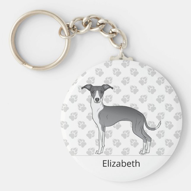 Blue And White Italian Greyhound With Custom Name Keychain (Front)