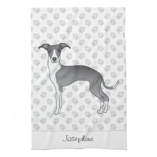 Blue And White Italian Greyhound With Custom Name Kitchen Towel