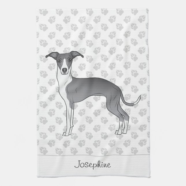Blue And White Italian Greyhound With Custom Name Kitchen Towel (Vertical)