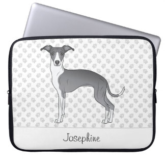 Blue And White Italian Greyhound With Custom Name Laptop Sleeve