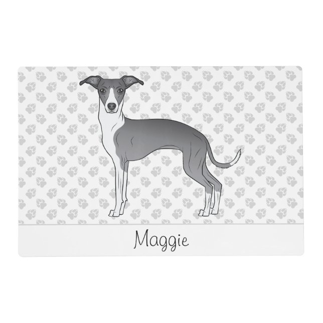 Blue And White Italian Greyhound With Custom Name Placemat (Front)