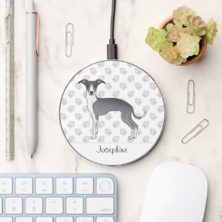 Blue And White Italian Greyhound With Custom Name Wireless Charger