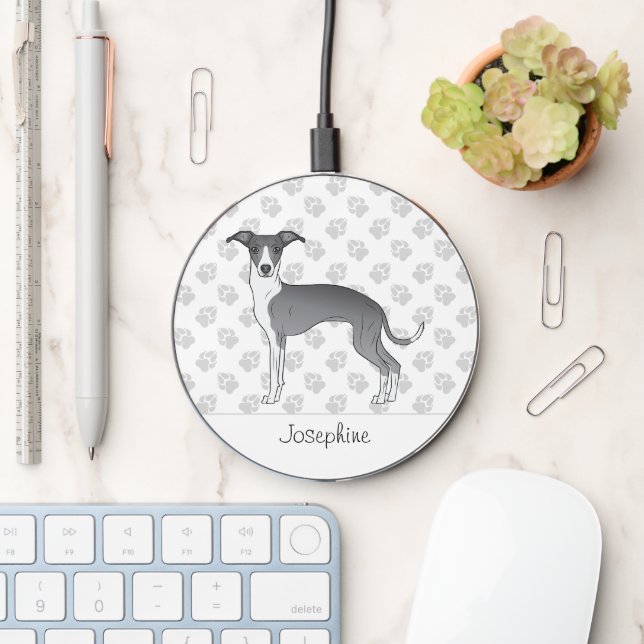 Blue And White Italian Greyhound With Custom Name Wireless Charger (Desk)