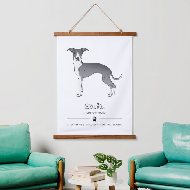 Blue And White Italian Greyhound With Custom Text Hanging Tapestry (Living Room)