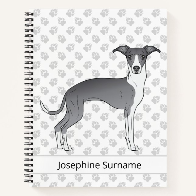 Blue And White Italian Greyhound With Custom Text Notebook (Front)