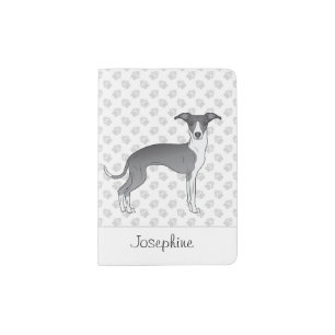 Blue And White Italian Greyhound With Custom Text Passport Holder