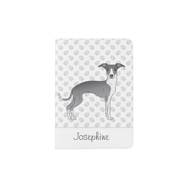 Blue And White Italian Greyhound With Custom Text Passport Holder (Front)