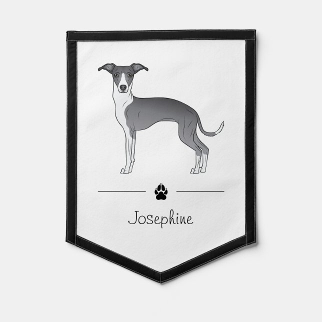 Blue And White Italian Greyhound With Custom Text Pennant (Front)