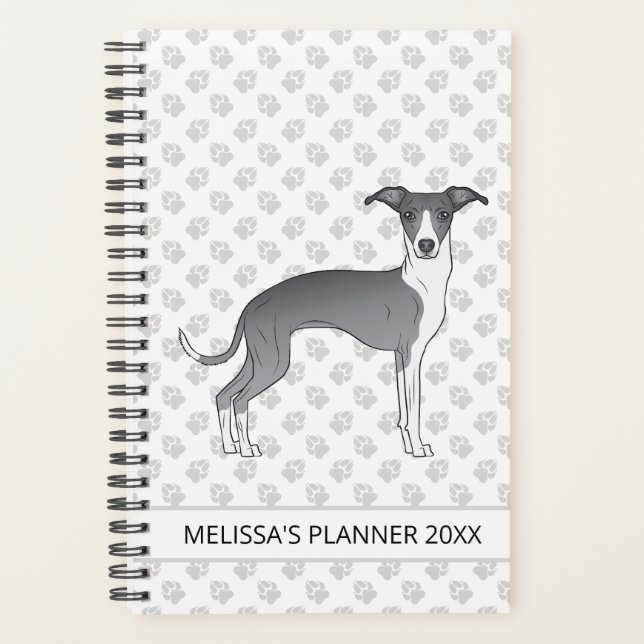 Blue And White Italian Greyhound With Custom Text Planner (Front)