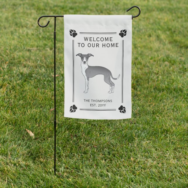 Blue And White Italian Greyhound With Paws & Text Garden Flag (In SItu)