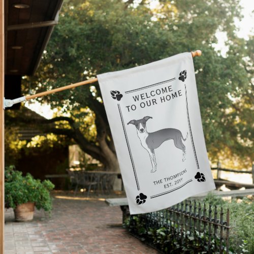 Blue And White Italian Greyhound With Paws  Text House Flag