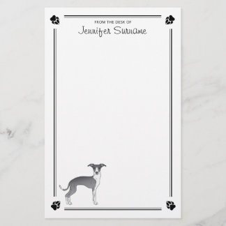 Blue And White Italian Greyhound With Paws & Text Stationery