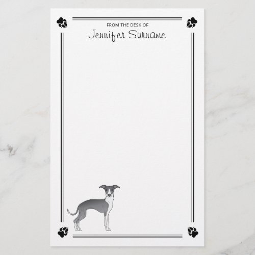 Blue And White Italian Greyhound With Paws  Text Stationery