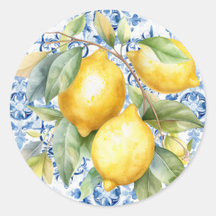 Blue and white Italian watercolor tile and lemons Classic Round Sticker