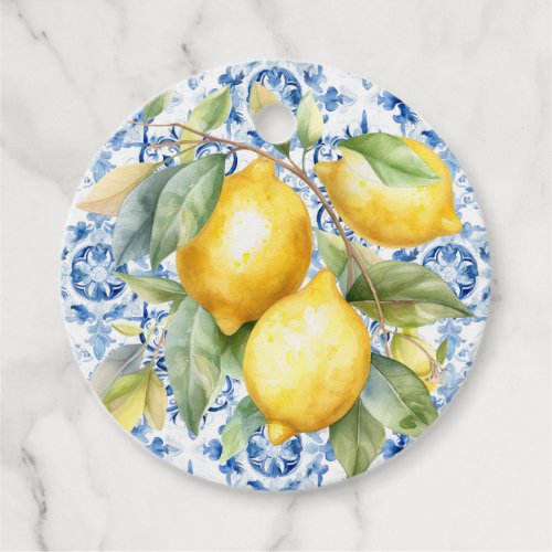 Blue and white Italian watercolor tile and lemons Favor Tags